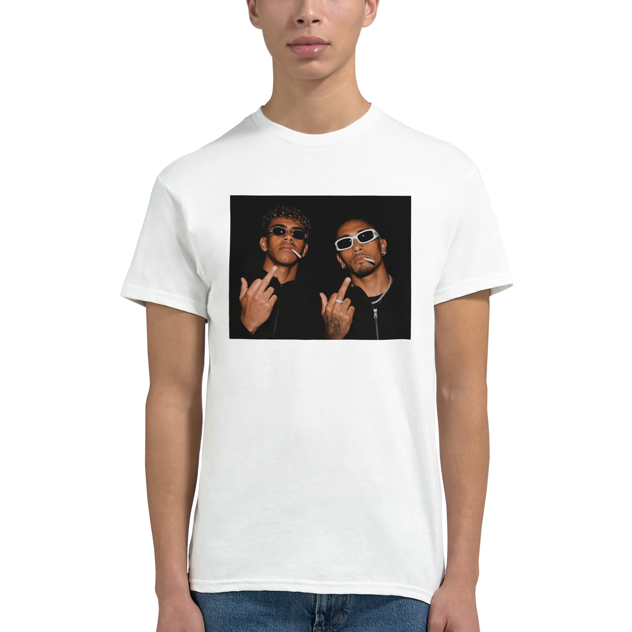 White cotton T-shirt on model with front rectangular photo graphic of two men posing