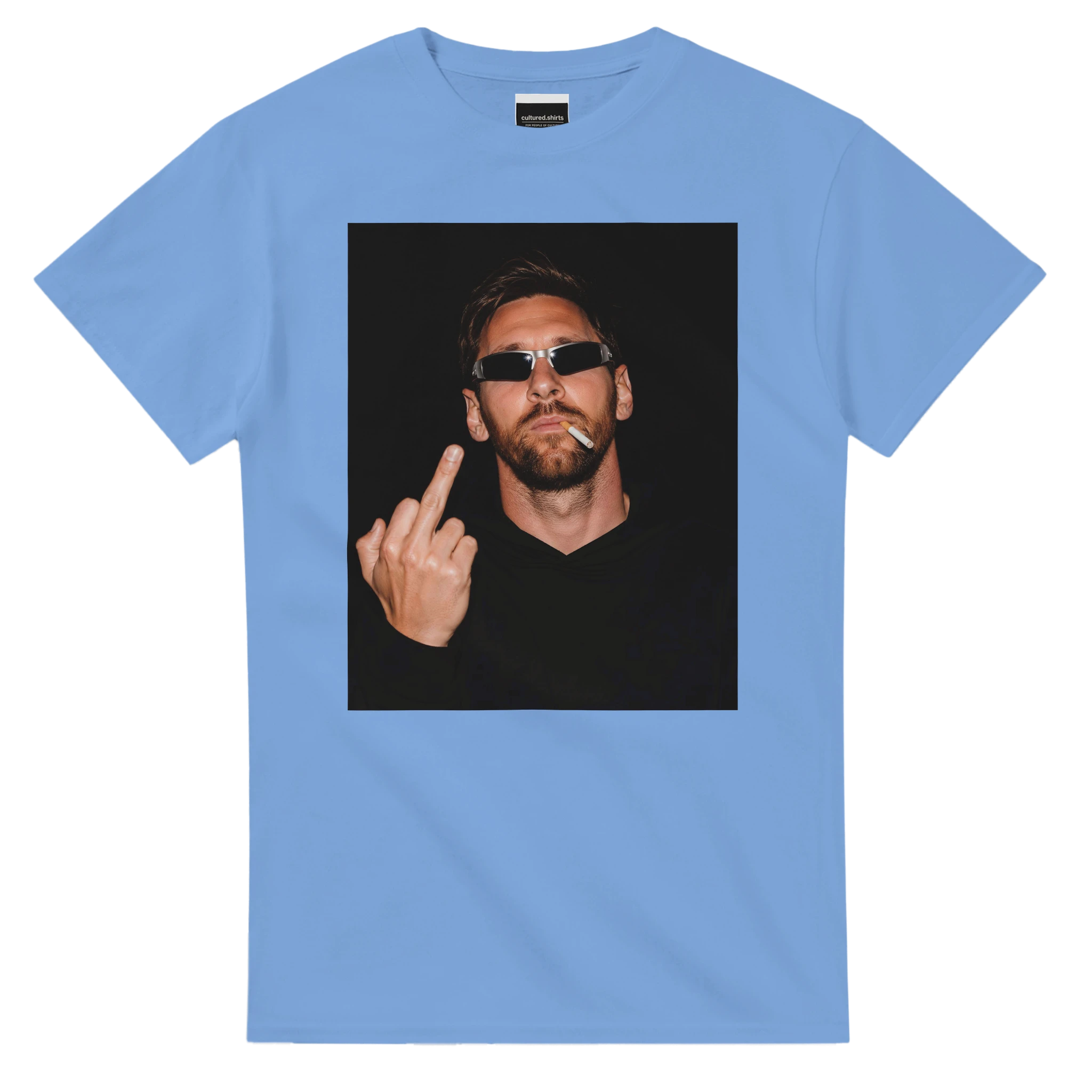 Light blue graphic t-shirt with portrait of man in sunglasses making a peace sign.