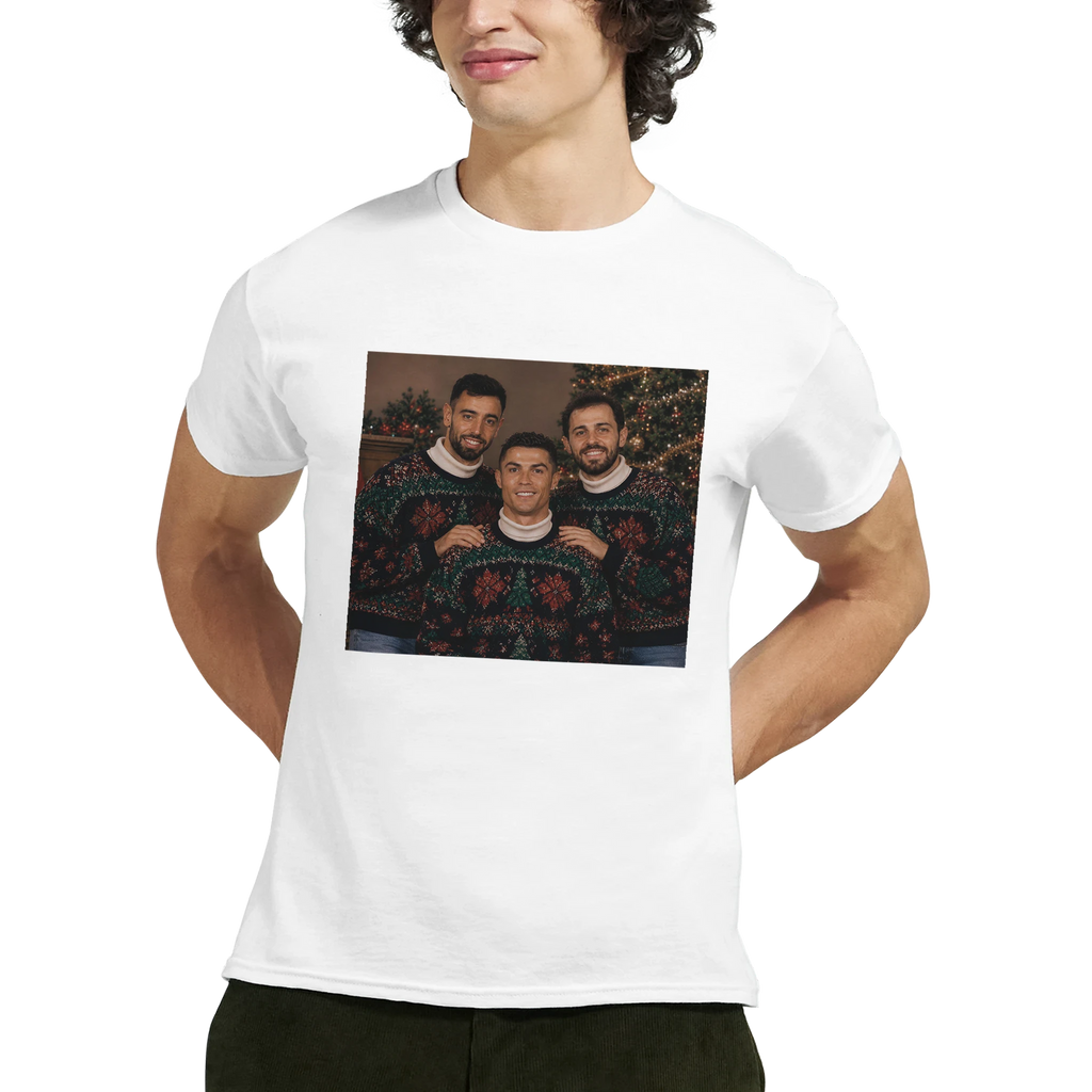White Christmas fan T-shirt with square holiday photo graphic on chest