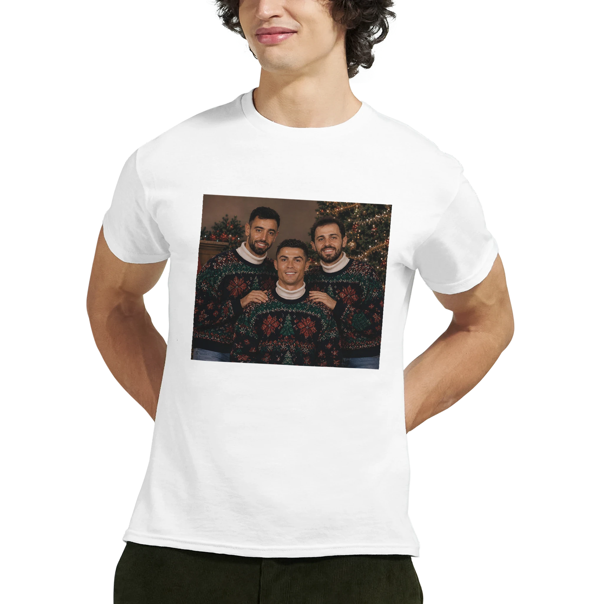 White Christmas fan T-shirt with square holiday photo graphic on chest