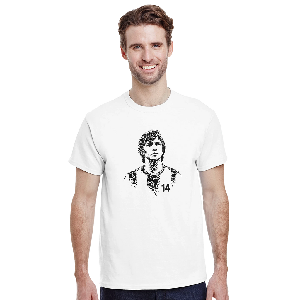 Johan Cruyff T-shirt on model, white with black portrait graphic and number 14