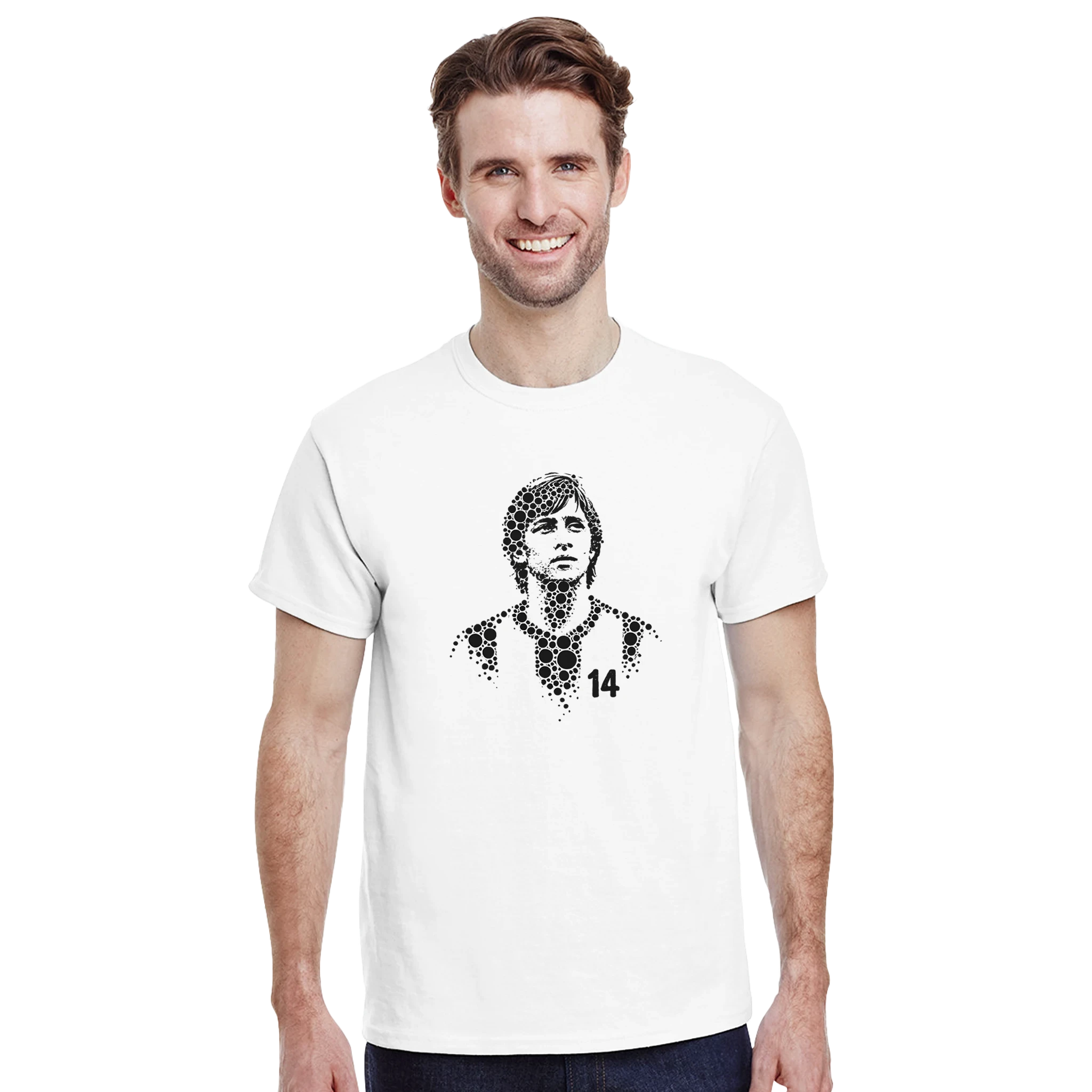 Johan Cruyff T-shirt on model, white with black portrait graphic and number 14