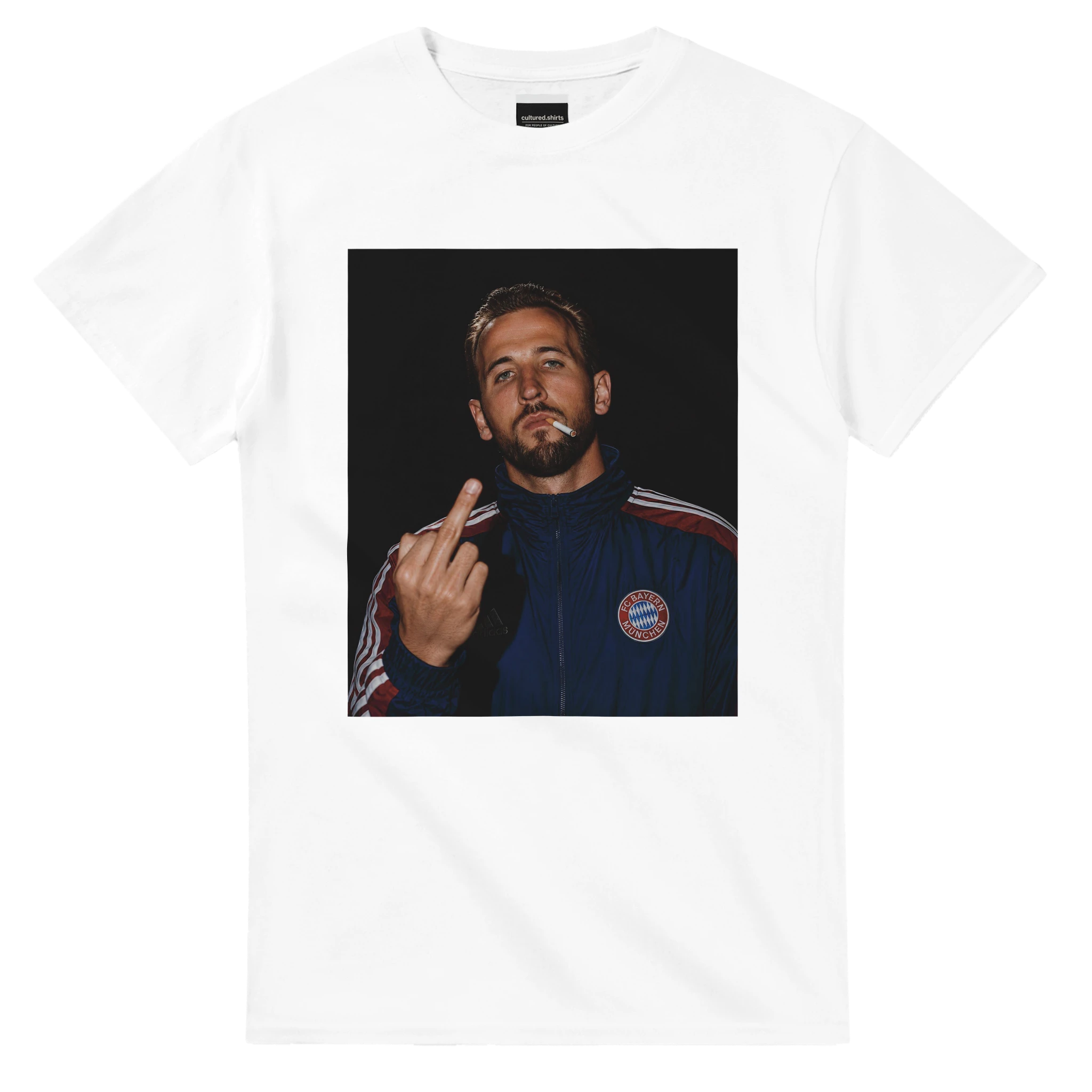 White cotton graphic football tee with square portrait print