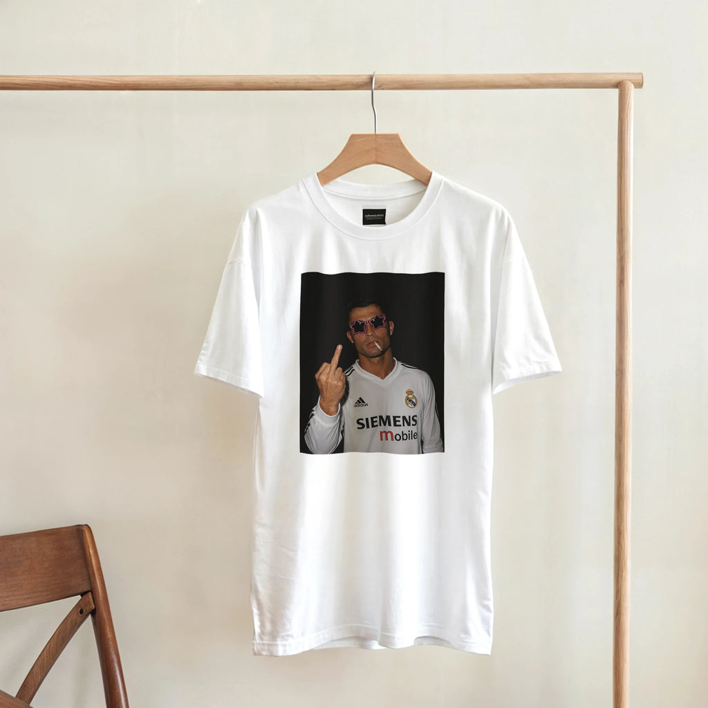 White crewneck T-shirt hanging on a rack with front square Ronaldo photo graphic
