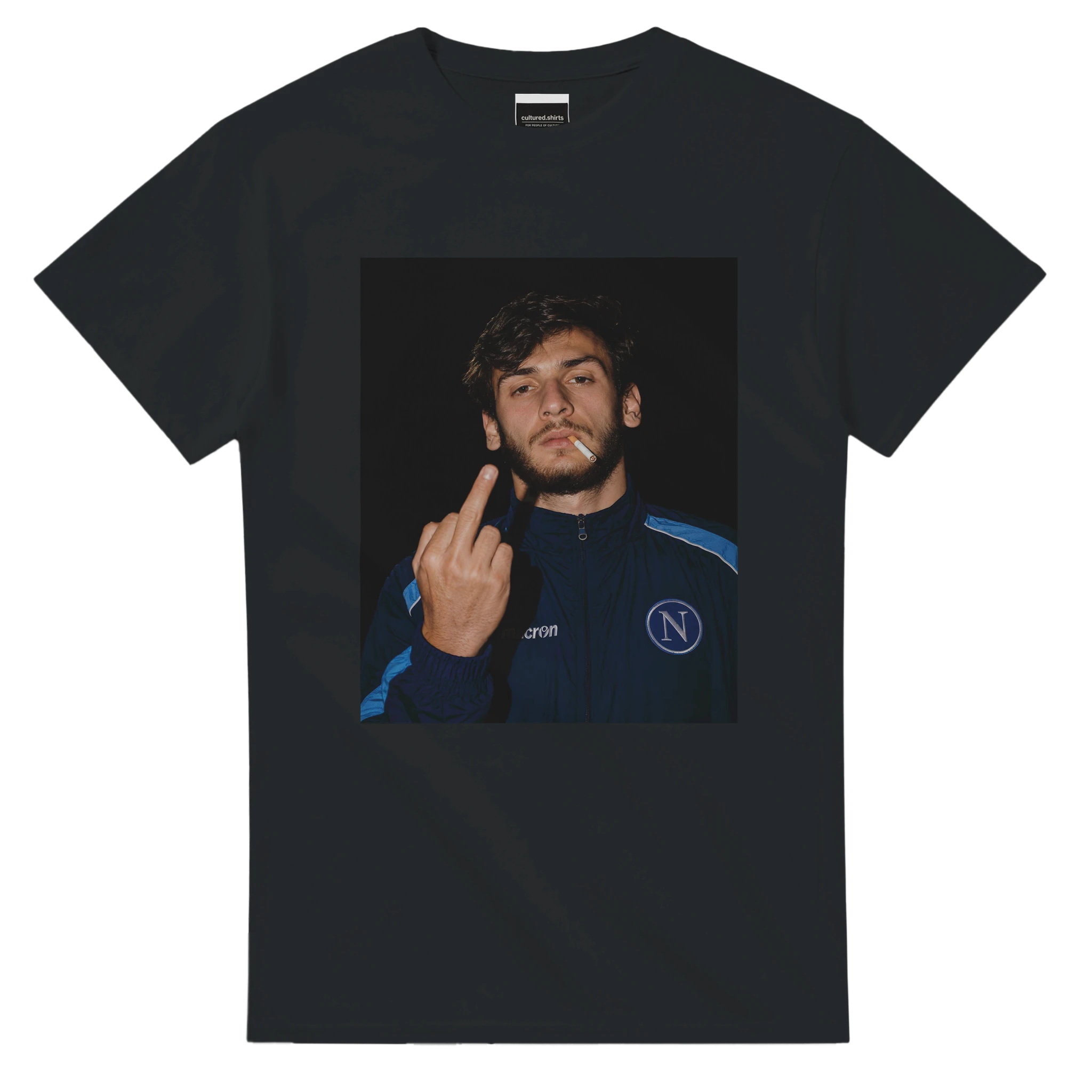 Black crewneck T-shirt with centered square portrait fan art graphic