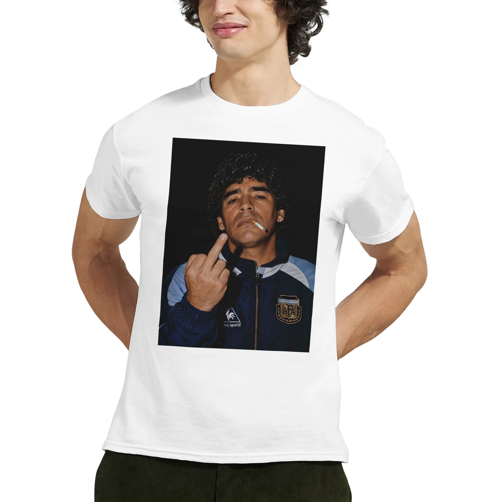 White crewneck football tee with portrait graphic on the front, short sleeves