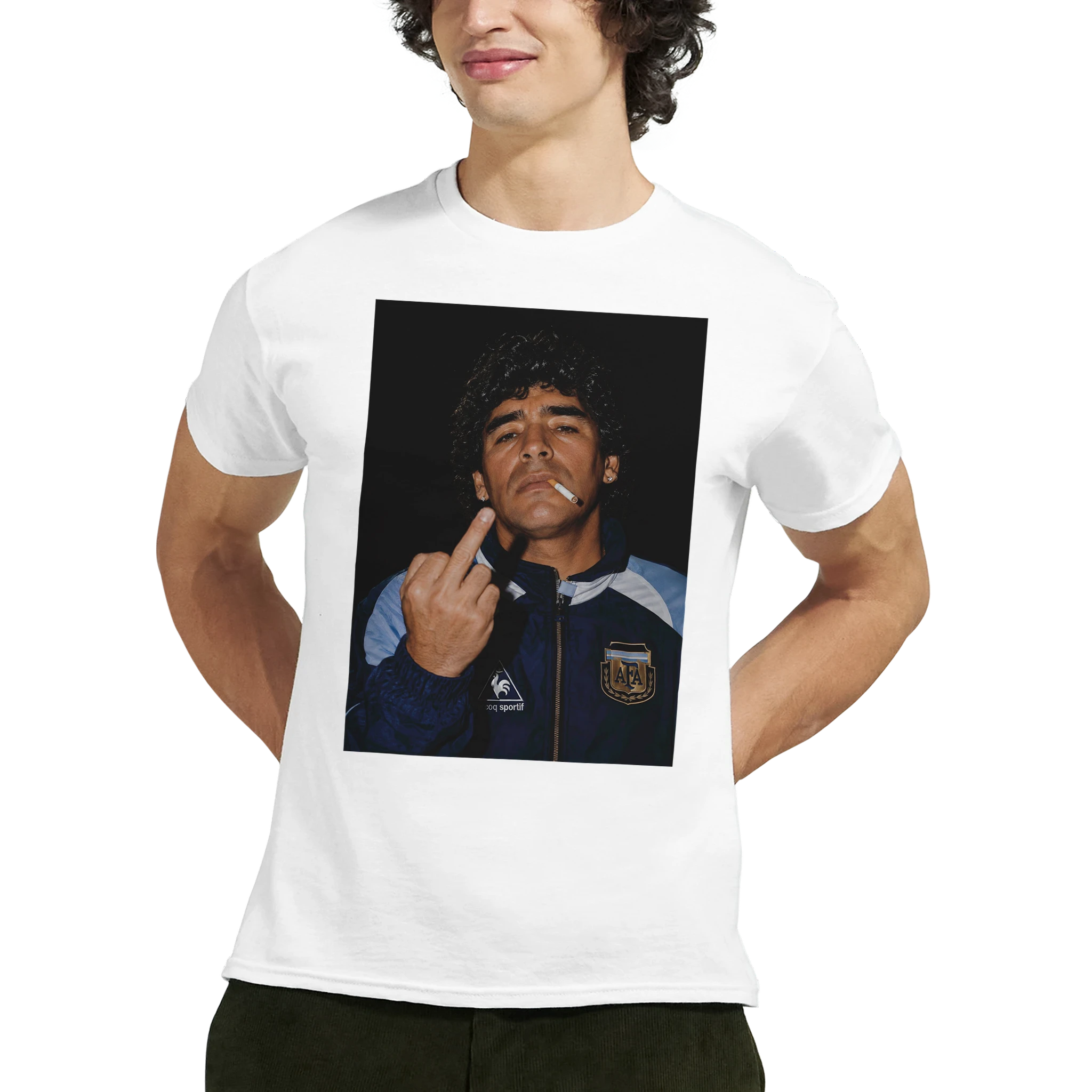 White crewneck football tee with portrait graphic on the front, short sleeves