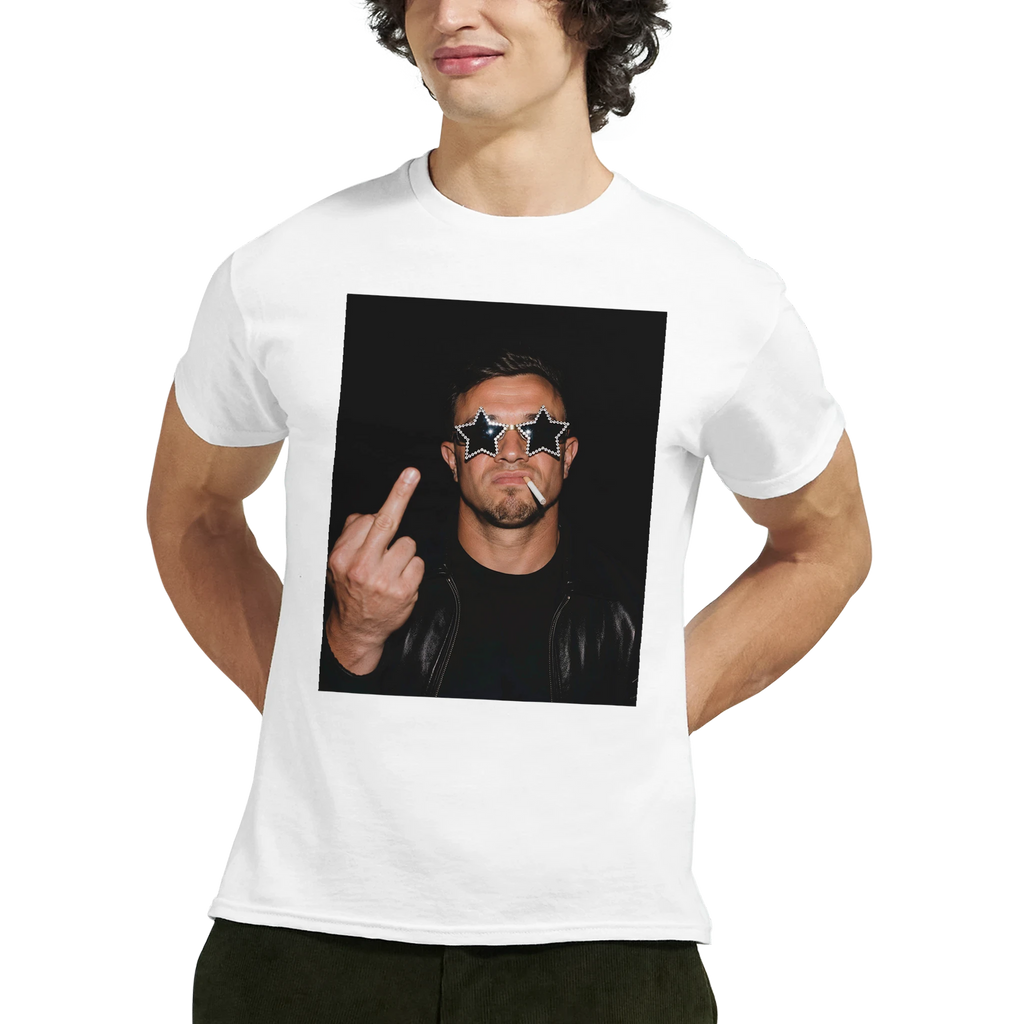 Men's white football T-shirt with front portrait graphic and raised peace sign