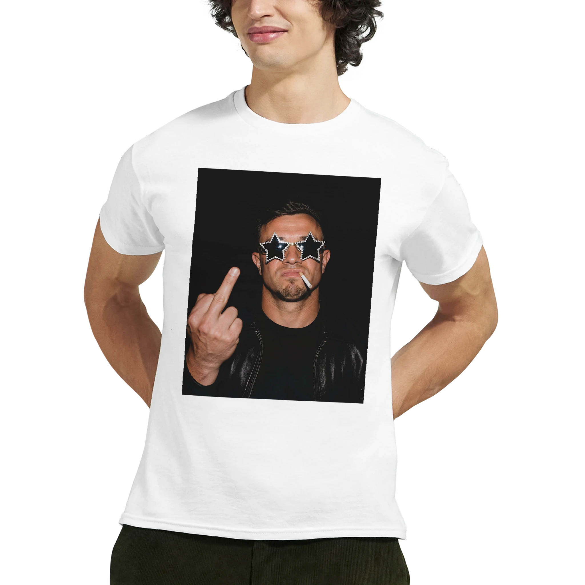 Men's white football T-shirt with front portrait graphic and raised peace sign