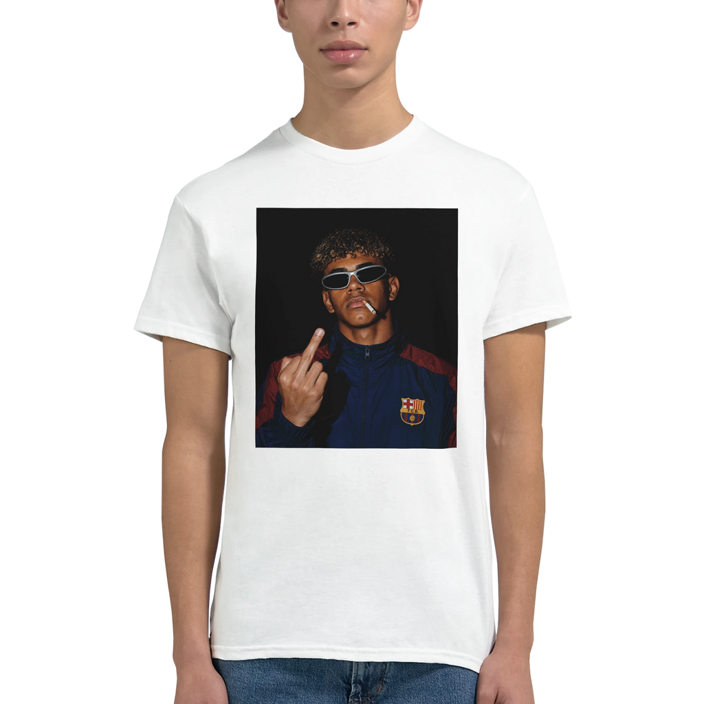 White crewneck T-shirt with centered portrait graphic of man in sunglasses