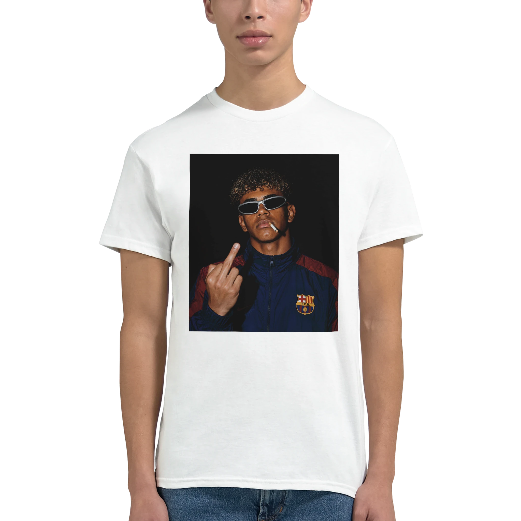 White crewneck T-shirt with centered portrait graphic of man in sunglasses