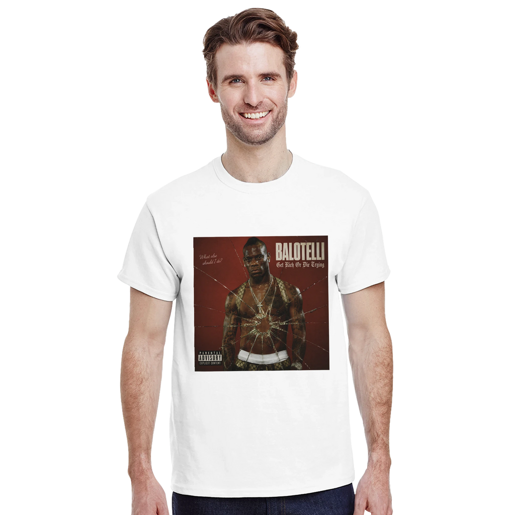 White graphic T-shirt front with Balotelli portrait and red cover artwork