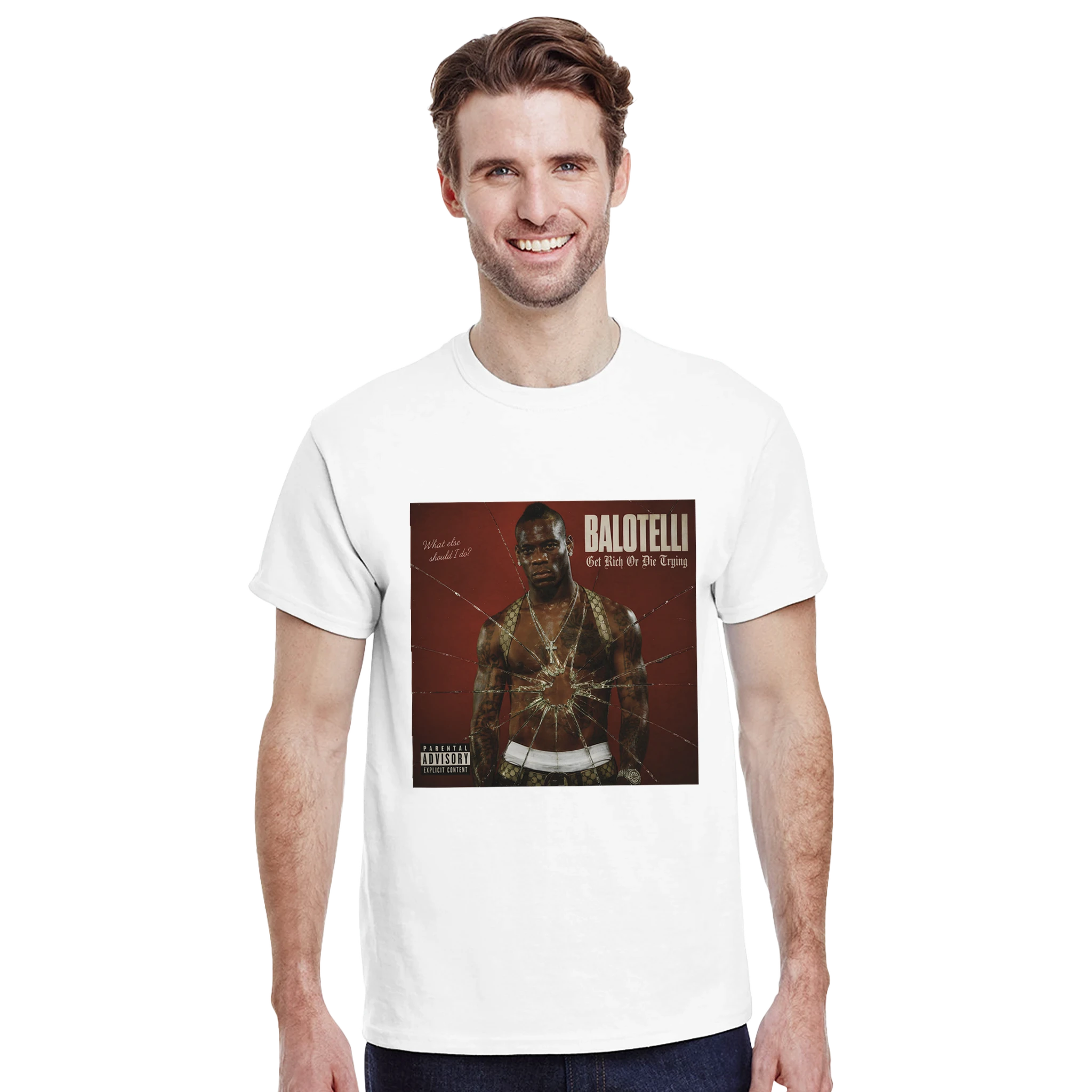 White graphic T-shirt front with Balotelli portrait and red cover artwork