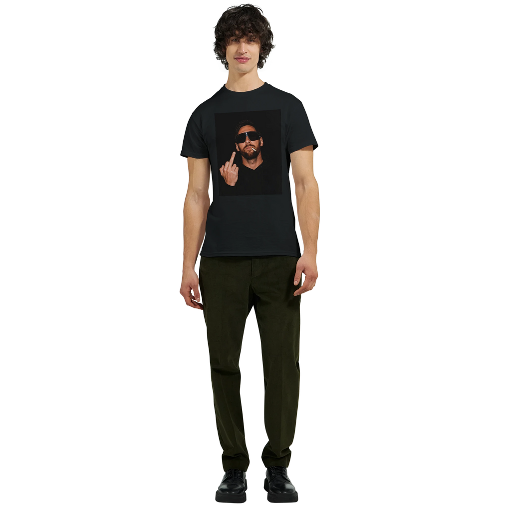Black men’s T-shirt with square portrait graphic on chest