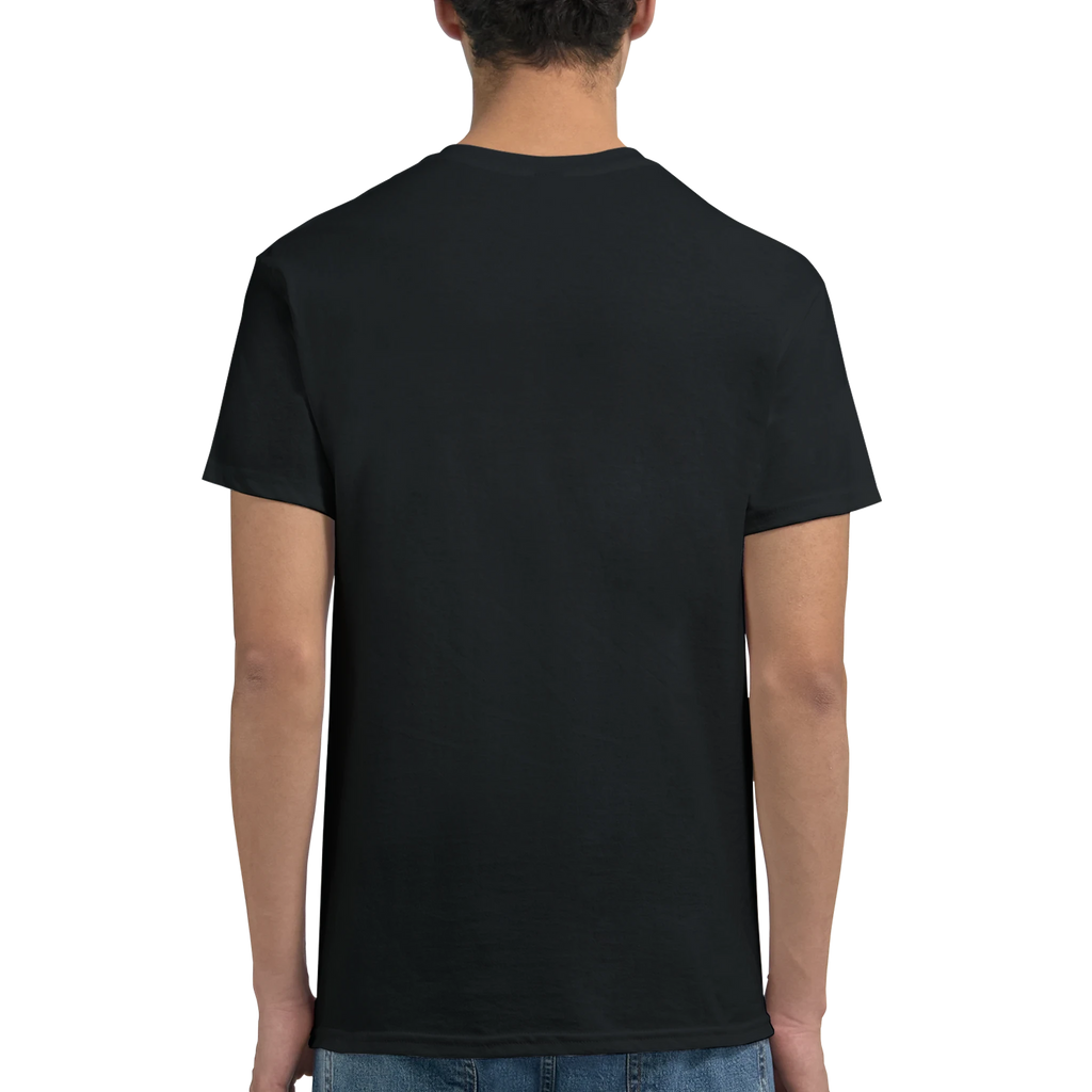Back view of black crew-neck T-shirt with short sleeves