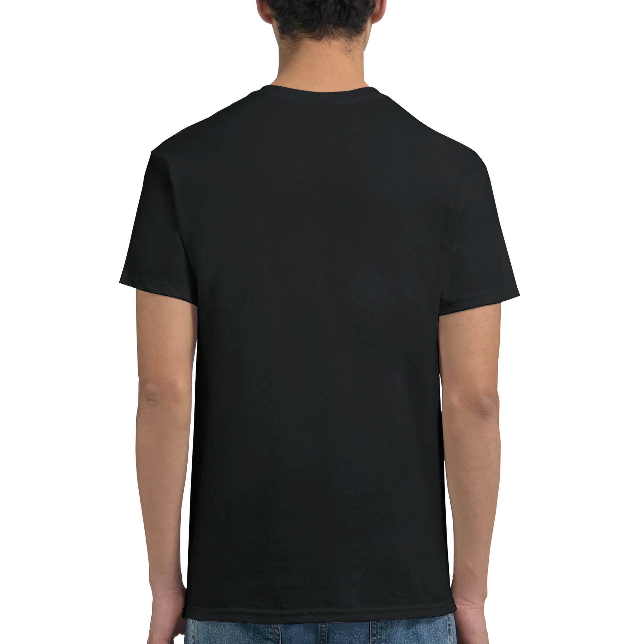 Back view of black crew-neck T-shirt with short sleeves