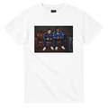 White crew-neck T-shirt with rectangular graphic of two players in blue on front