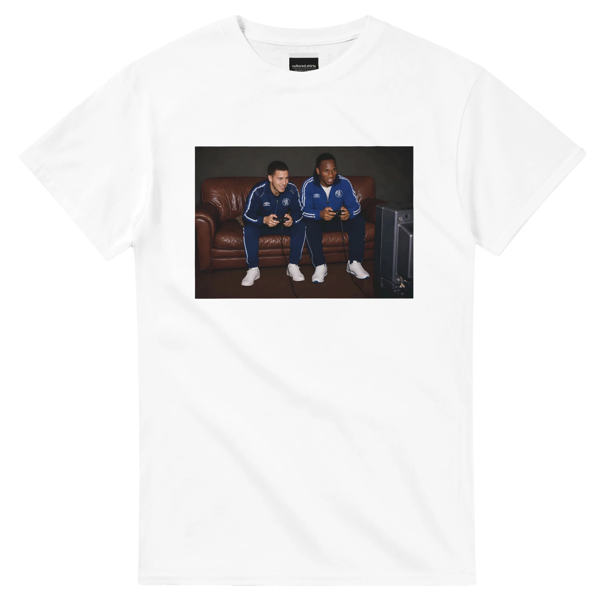 White crew-neck T-shirt with rectangular graphic of two players in blue on front