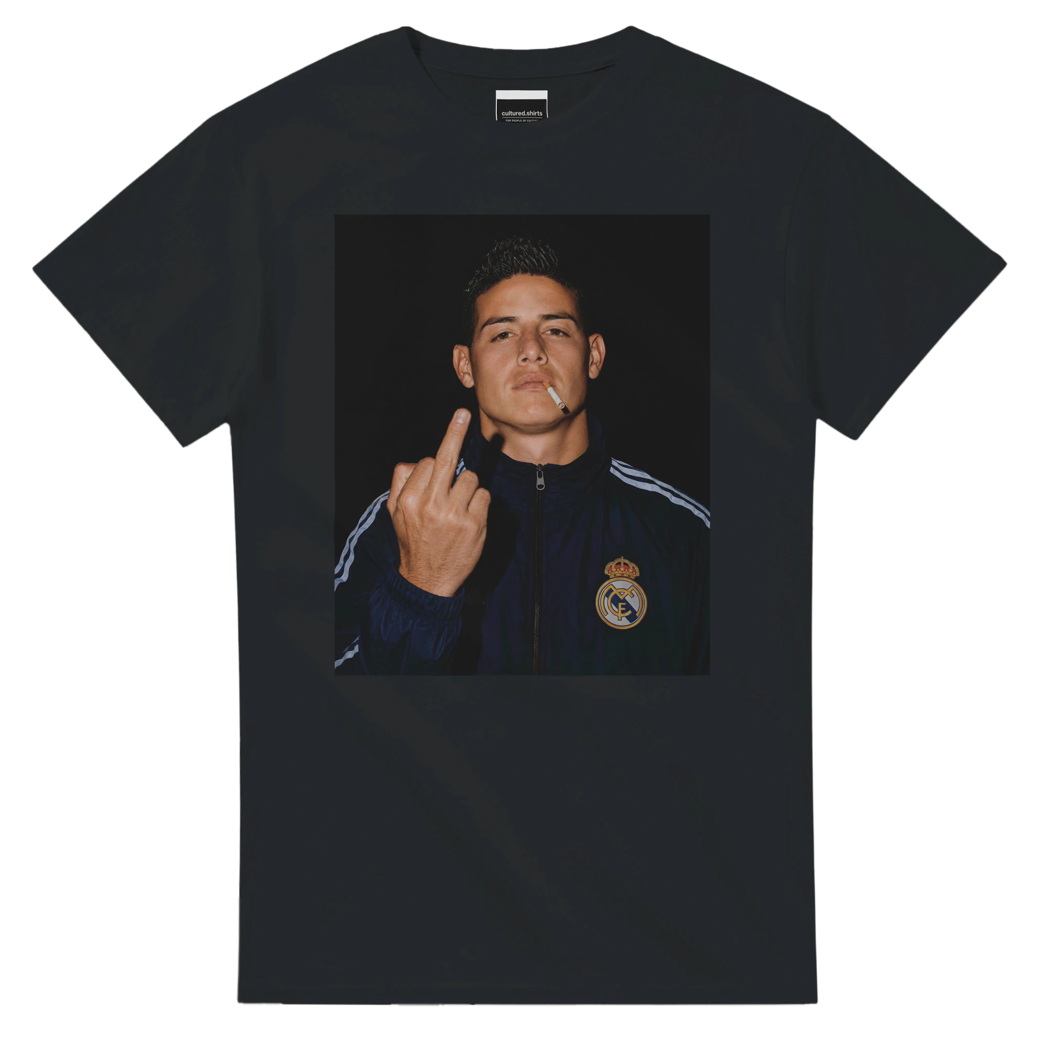 Black crewneck T-shirt with centered square photo graphic of James Rodríguez.
