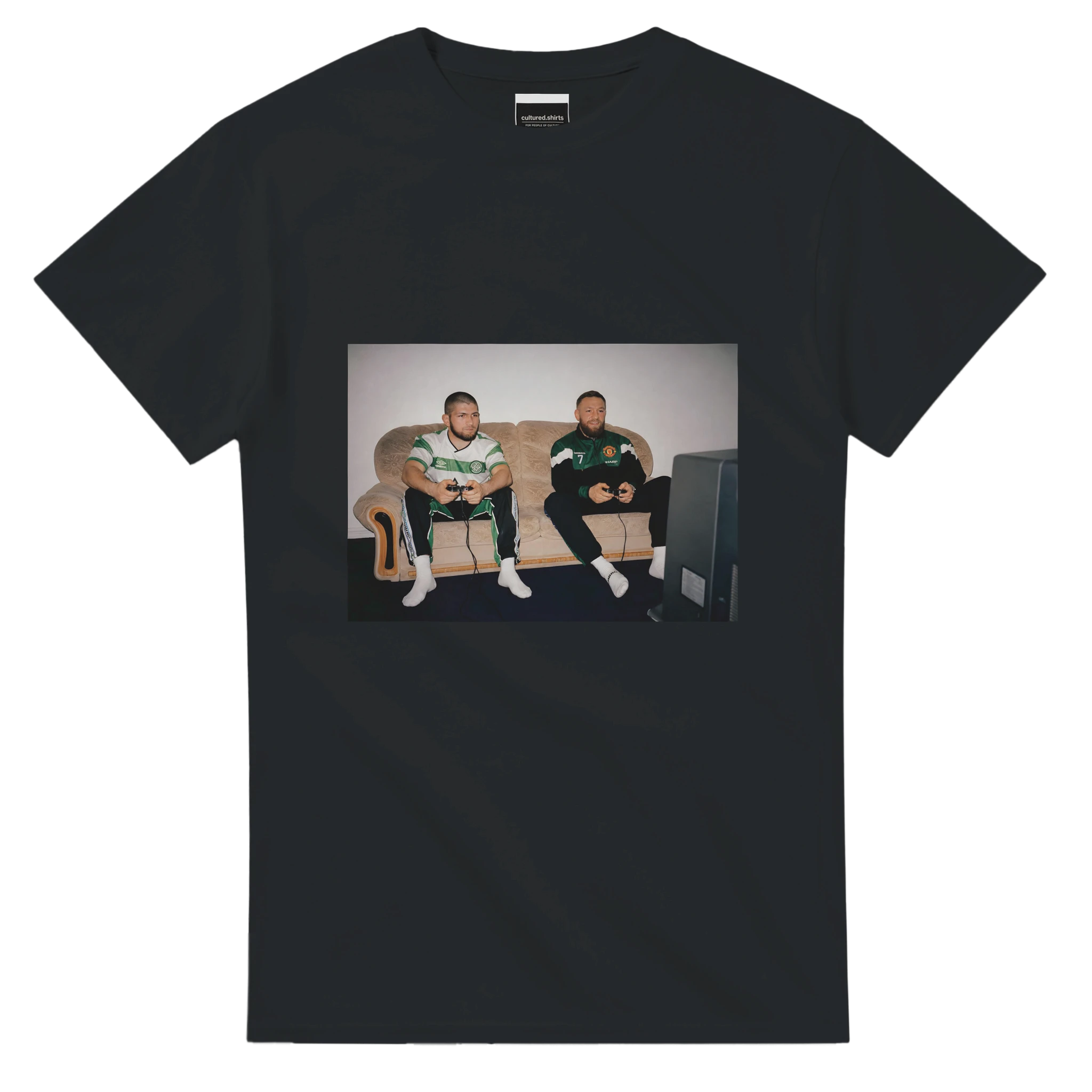 Black T-shirt with rectangular front graphic showing two men seated.