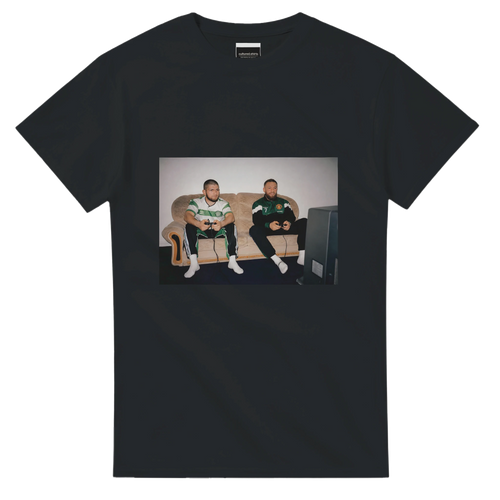 Black T-shirt with rectangular front graphic showing two men seated.