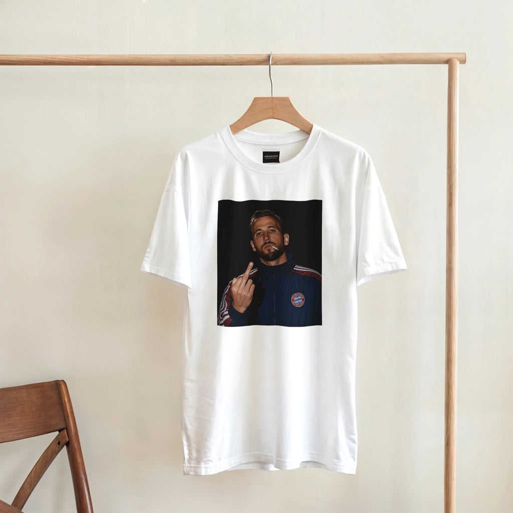 White cotton graphic football tee on hanger with square portrait print