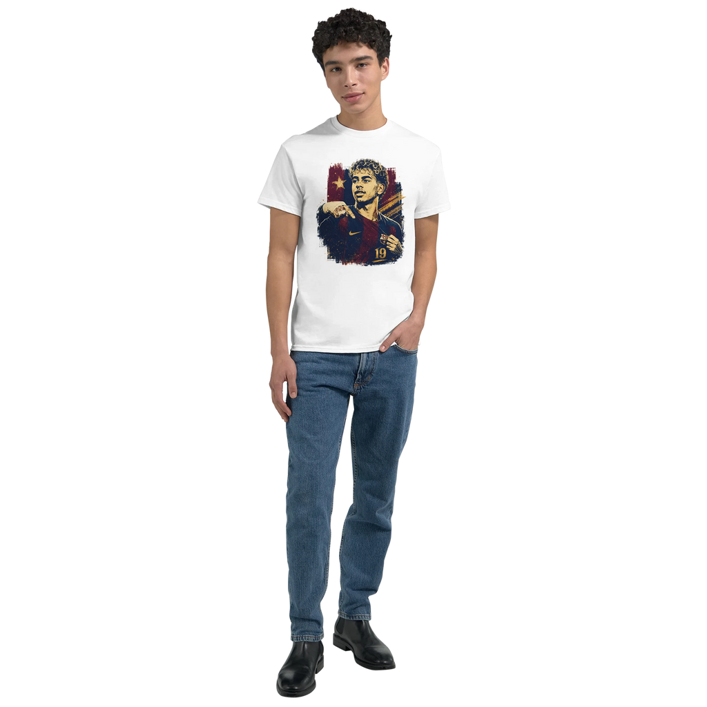 White T-shirt worn by a man with chest Lamine portrait graphic and stars
