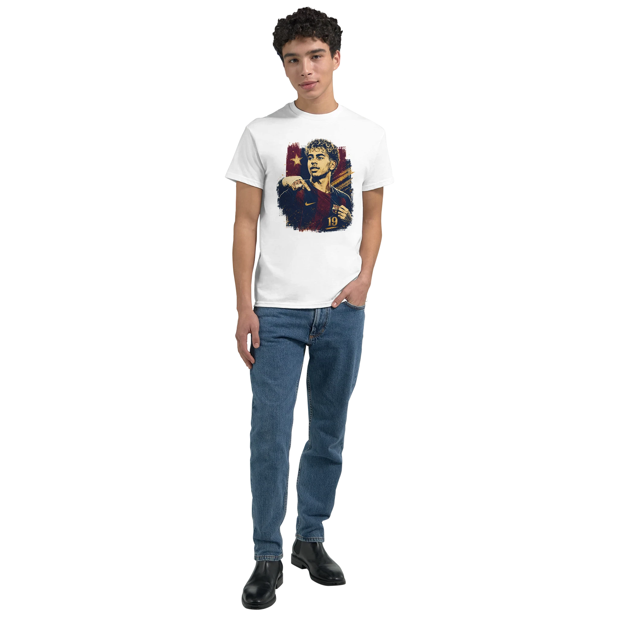 White T-shirt worn by a man with chest Lamine portrait graphic and stars