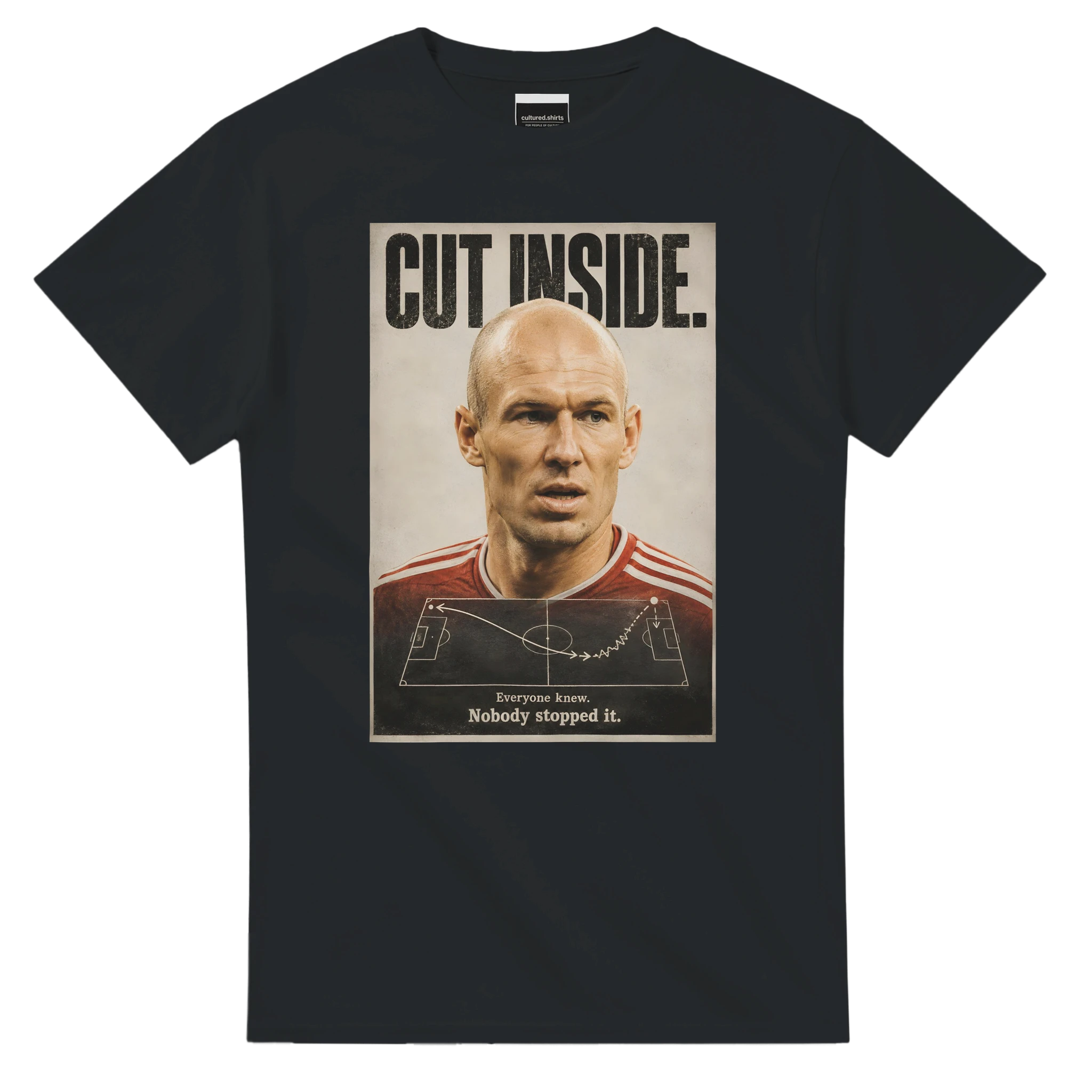 Black crew-neck T-shirt with large 'CUT INSIDE' portrait graphic on front.