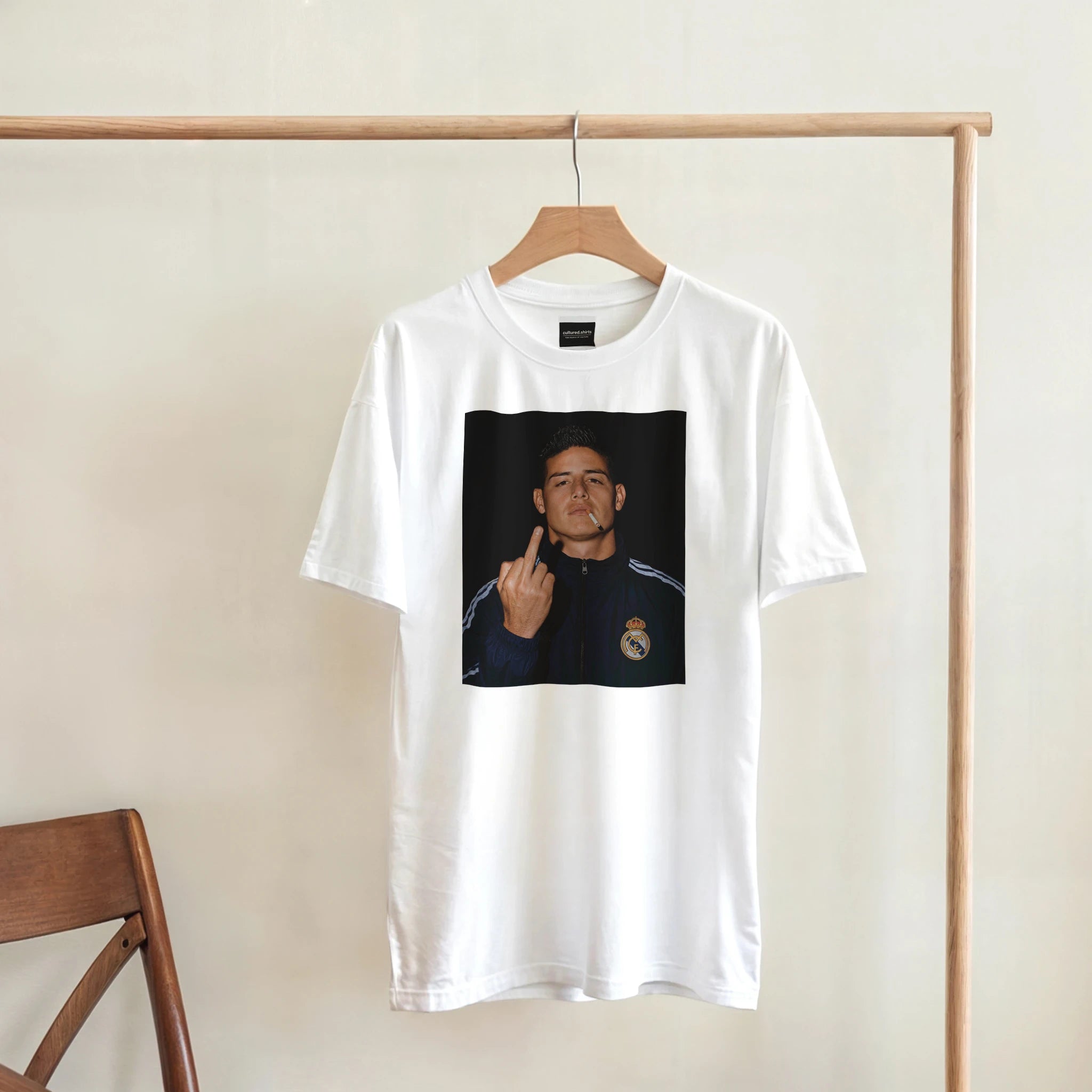 White crewneck T-shirt with square photo graphic of James Rodríguez on the front.