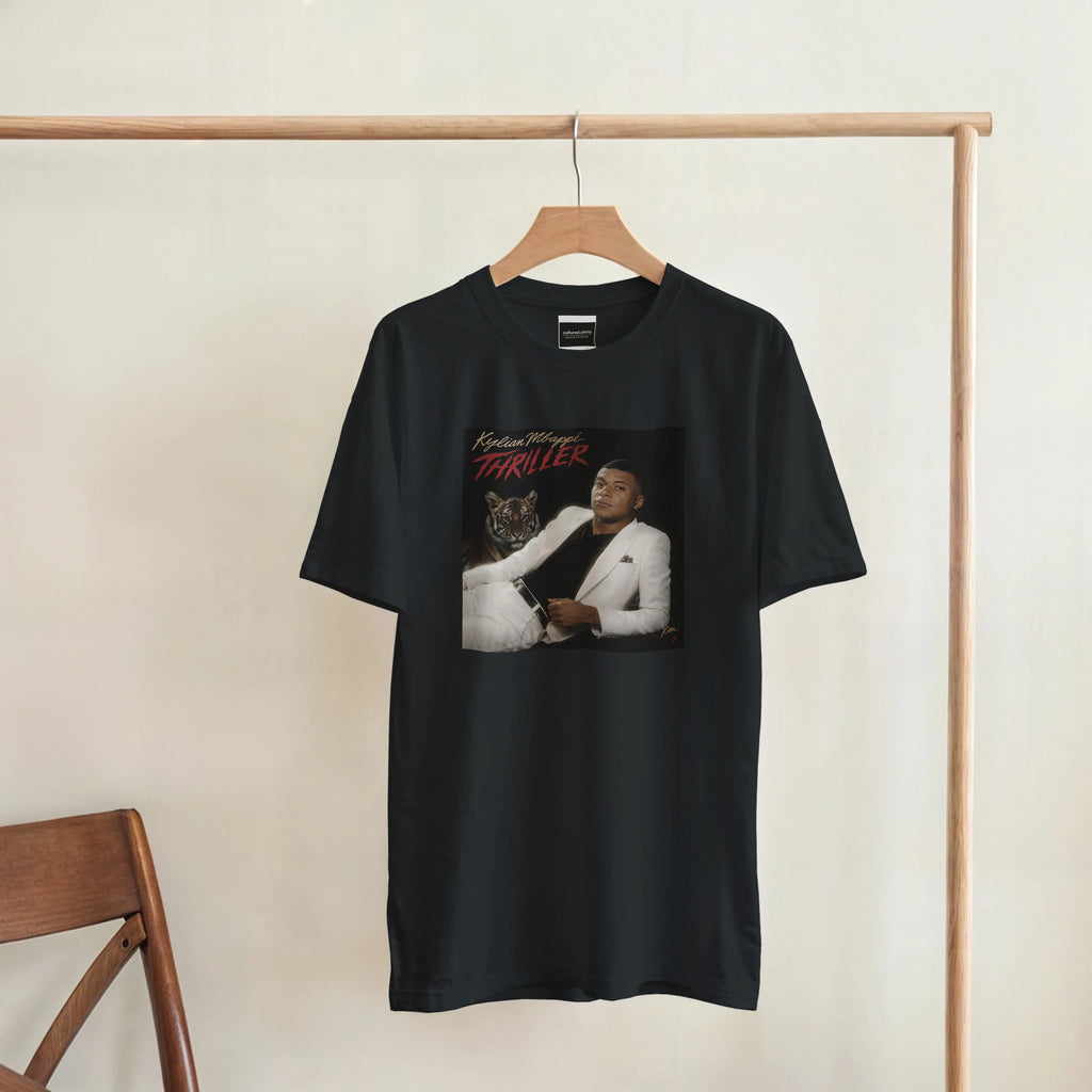 Black crew-neck T-shirt hanging with square 'Thriller' graphic on chest