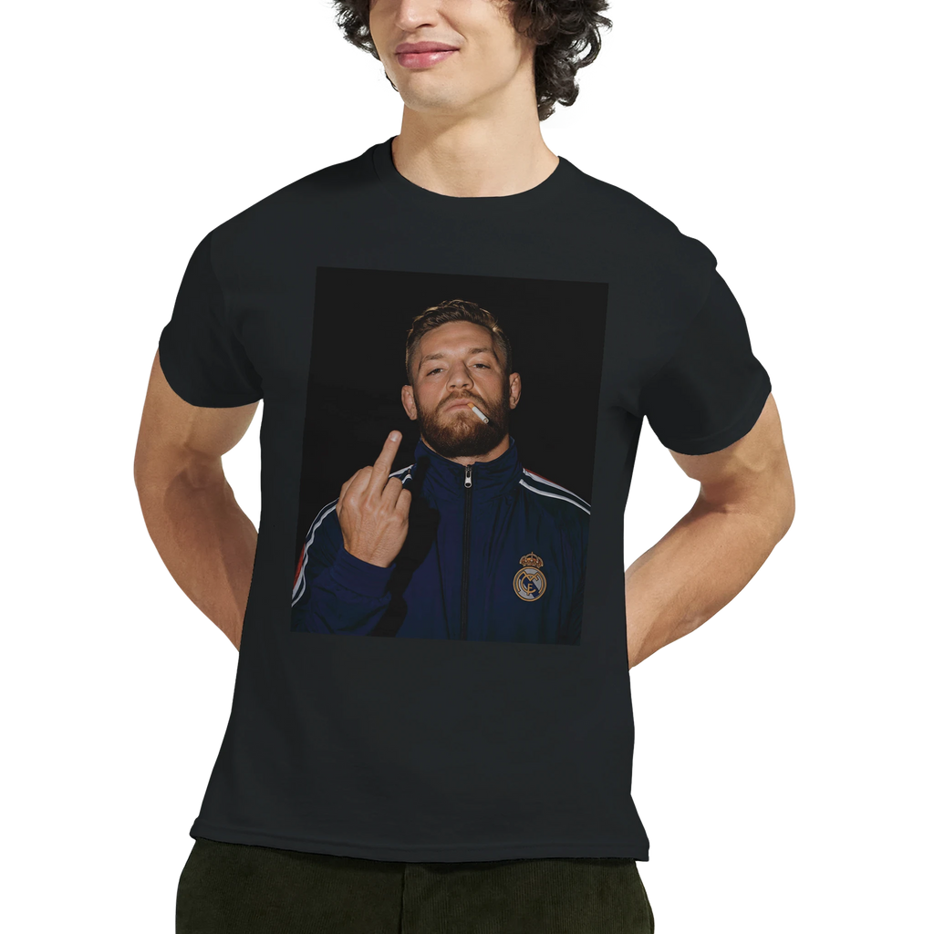 Black crewneck T-shirt with centered Conor McGregor portrait graphic, model front