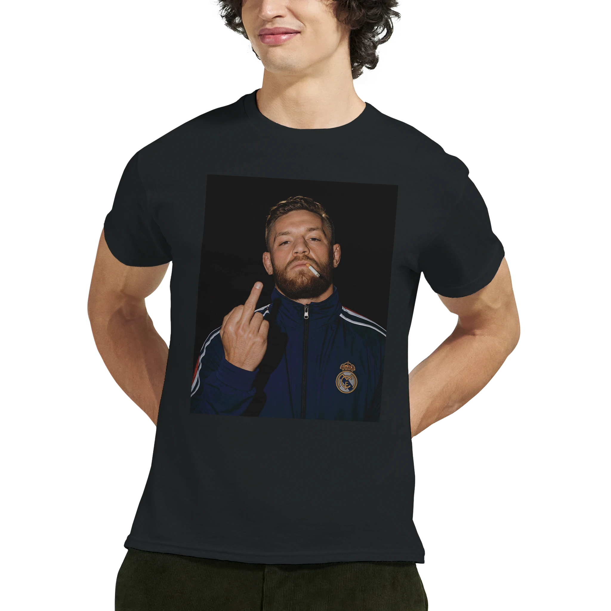 Black crewneck T-shirt with centered Conor McGregor portrait graphic, model front