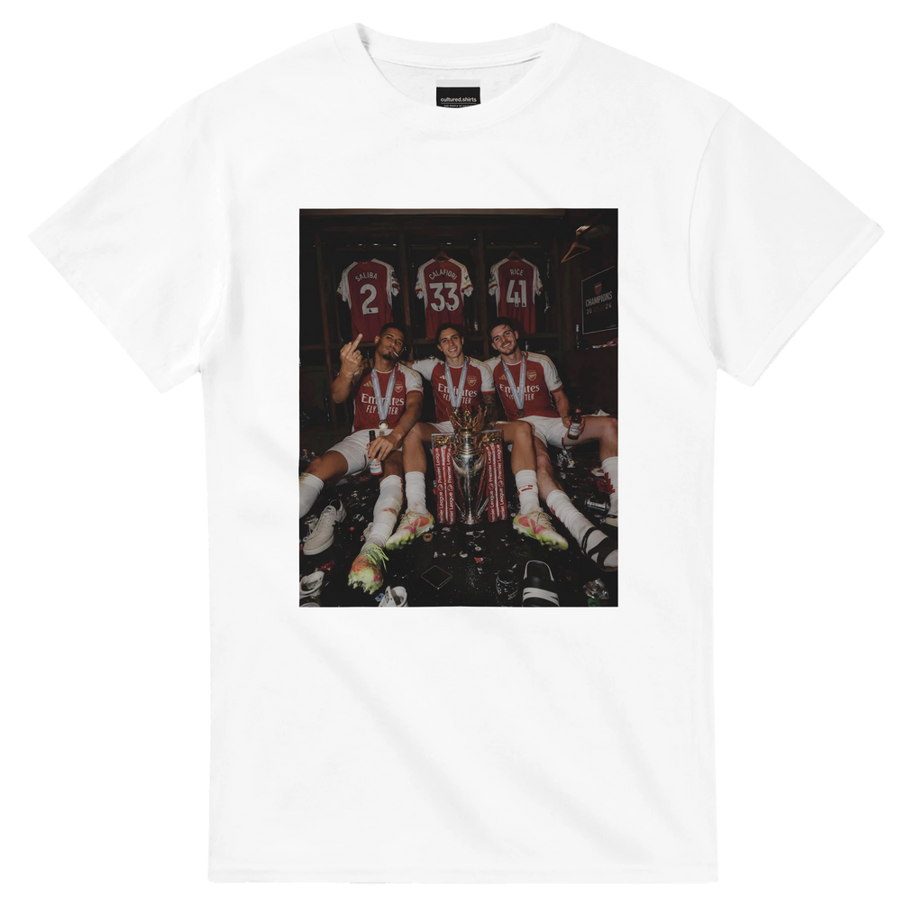 White graphic T-shirt with rectangular team photo print