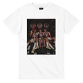 White graphic T-shirt with rectangular team photo print