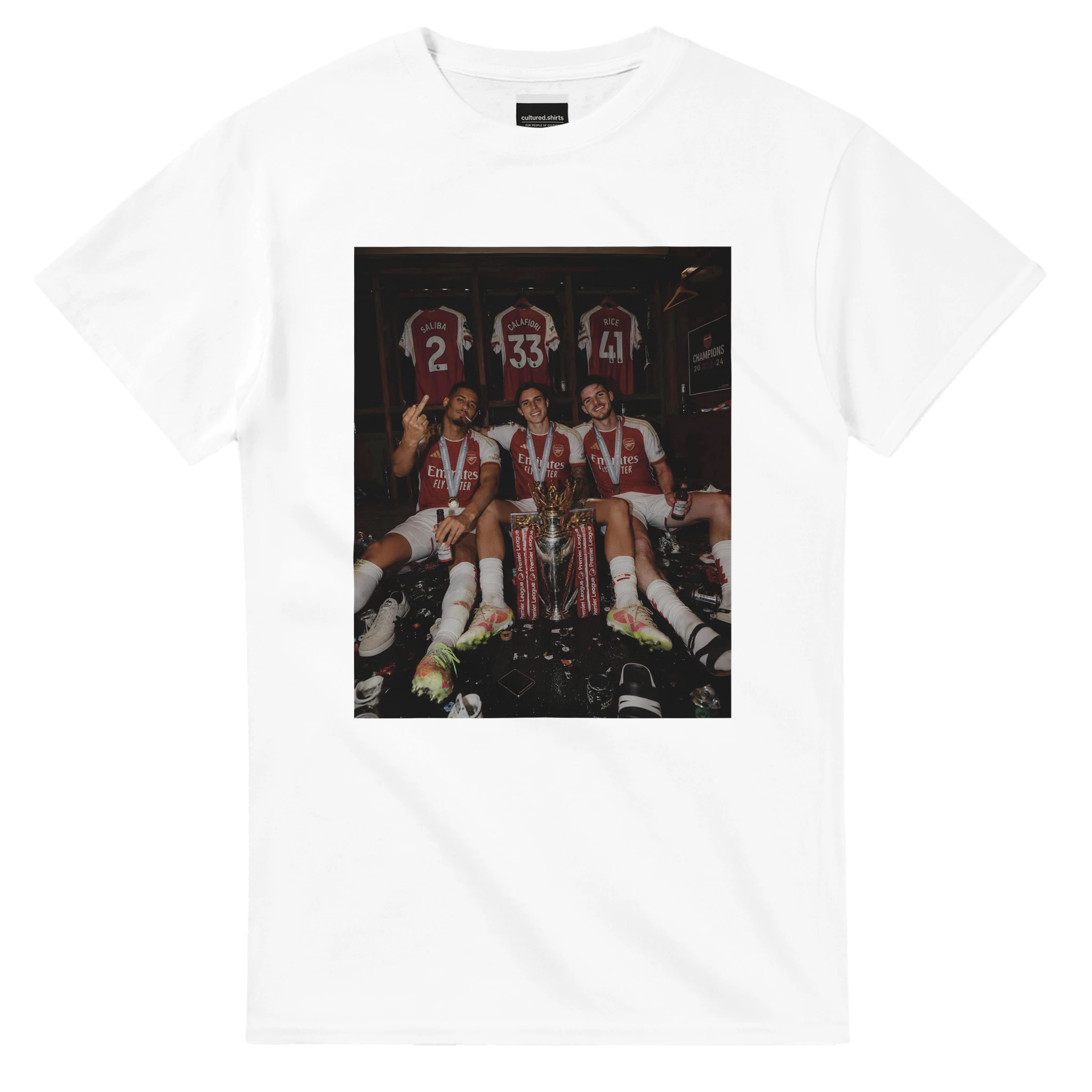 White graphic T-shirt with rectangular team photo print