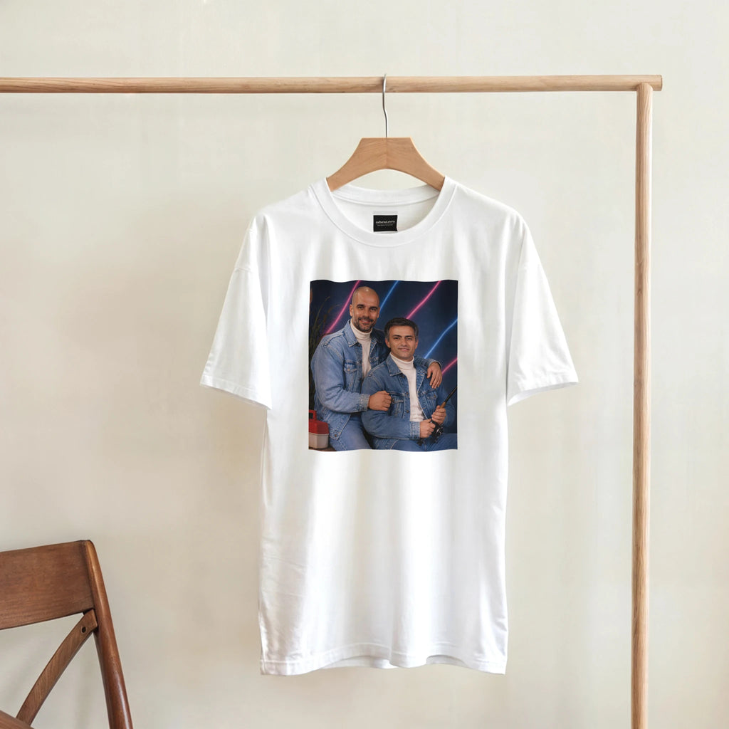 White T-shirt on hanger with square portrait graphic of two men