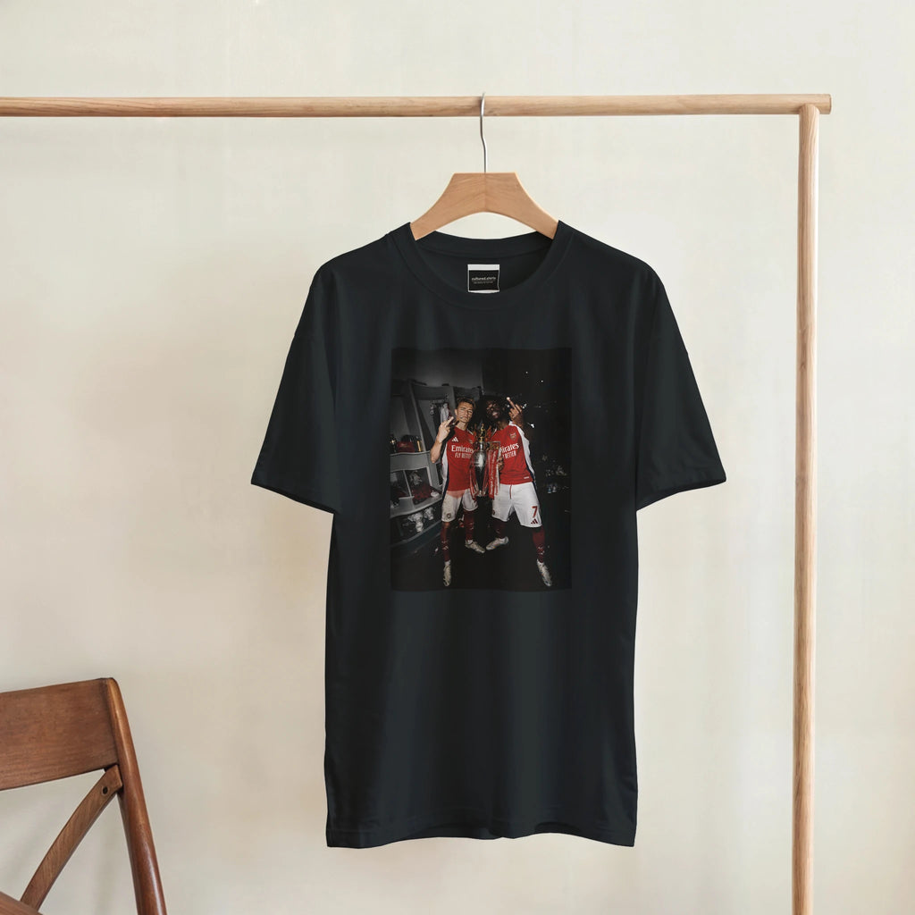 Black T-shirt with centered fan-art photo graphic
