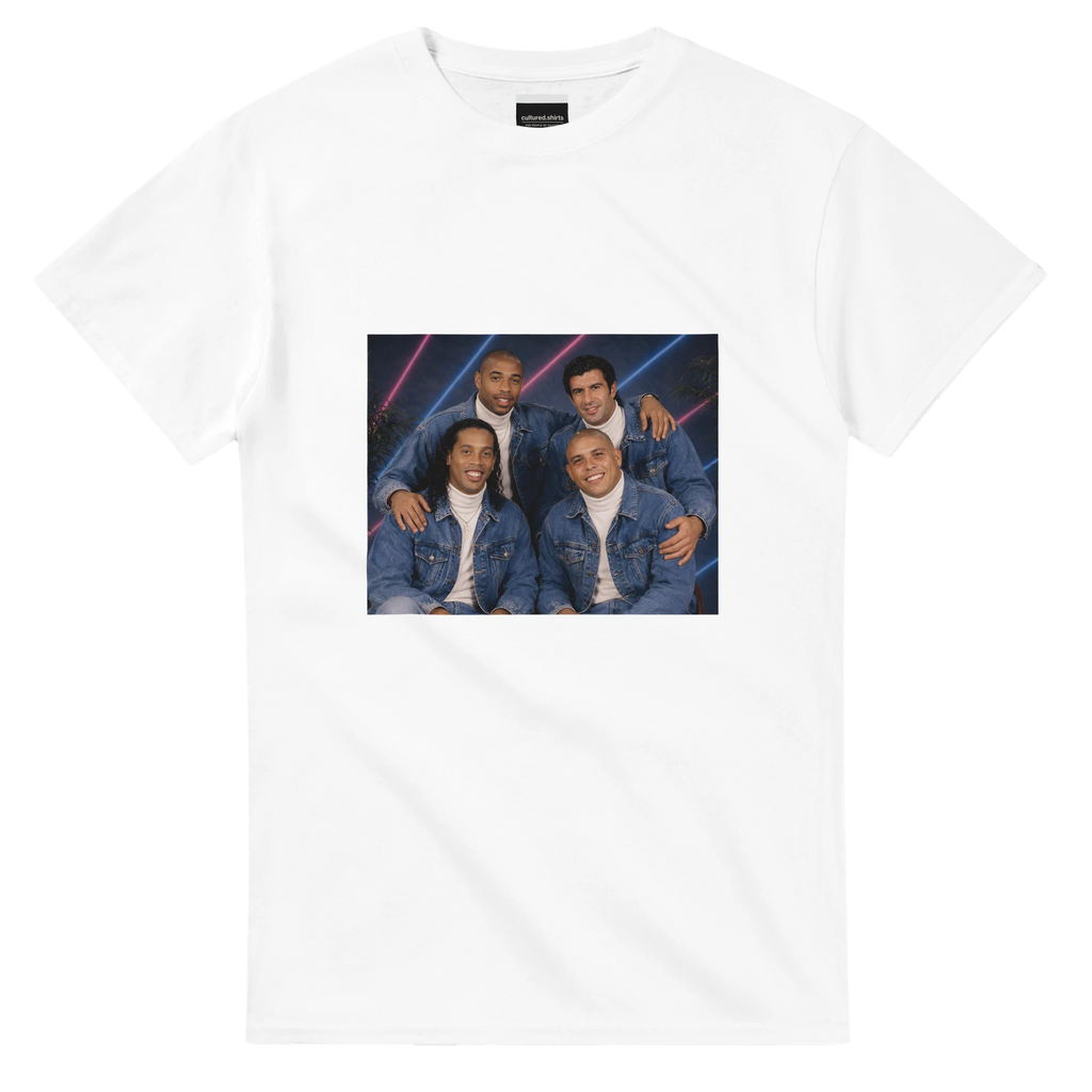 White crew-neck T-shirt with front photo-style square graphic