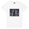 White crew-neck T-shirt with front photo-style square graphic
