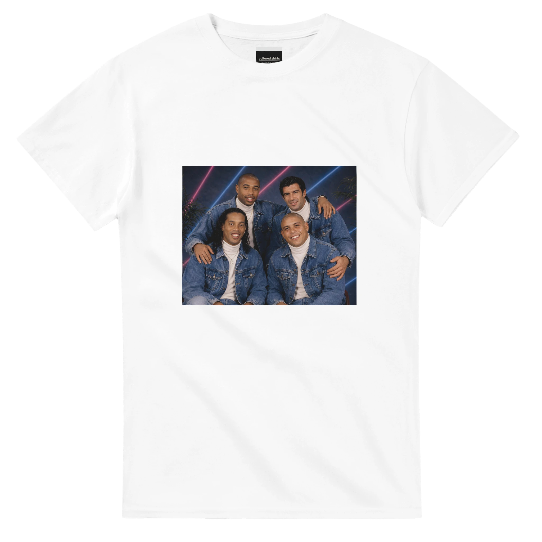 White crew-neck T-shirt with front photo-style square graphic
