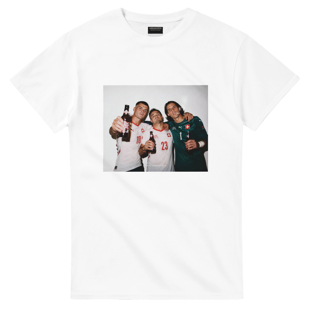 White T-shirt with crew neck and centered rectangular photo graphic of football players