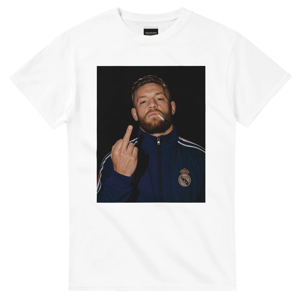 White T-shirt with centered Conor McGregor portrait graphic, short sleeves
