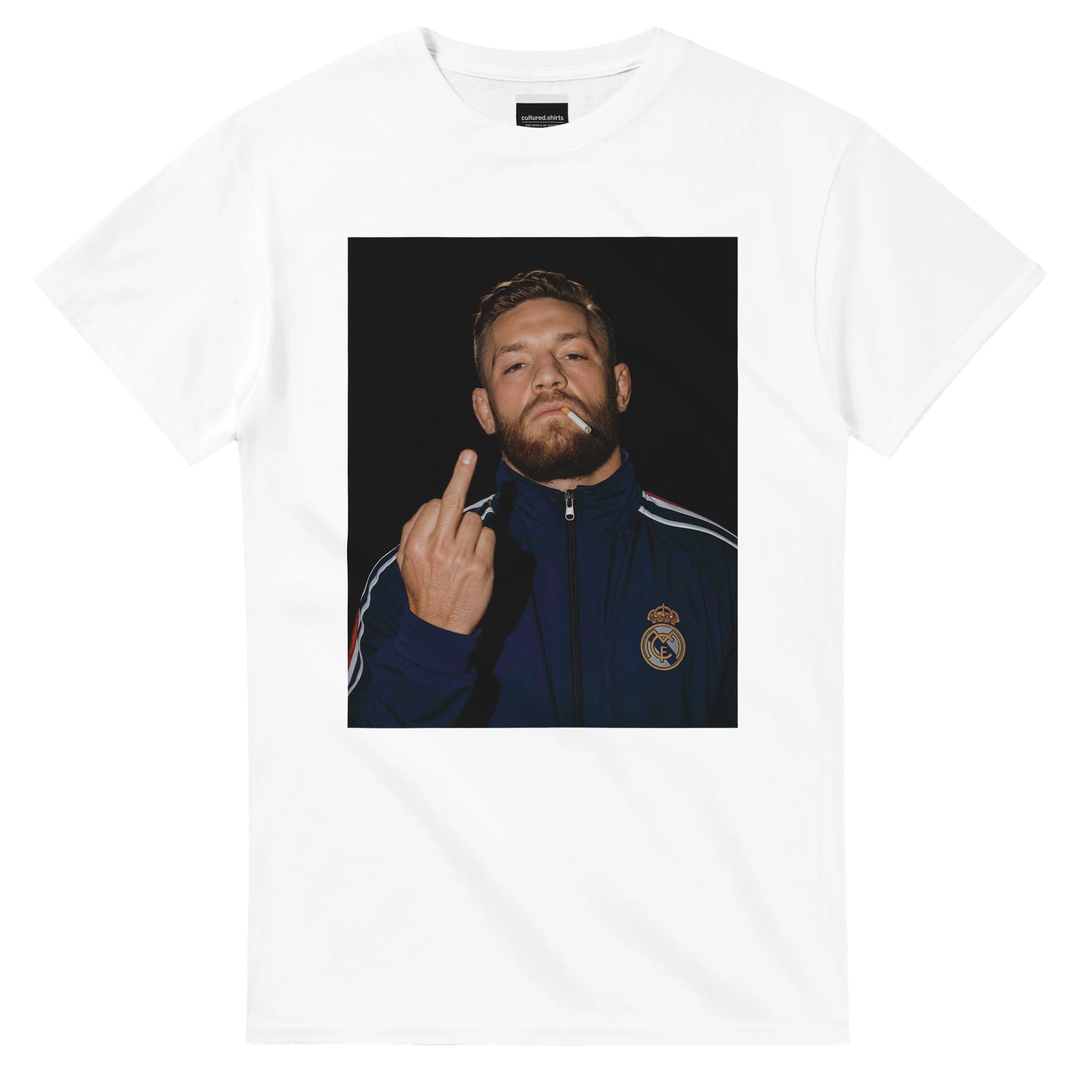 White T-shirt with centered Conor McGregor portrait graphic, short sleeves