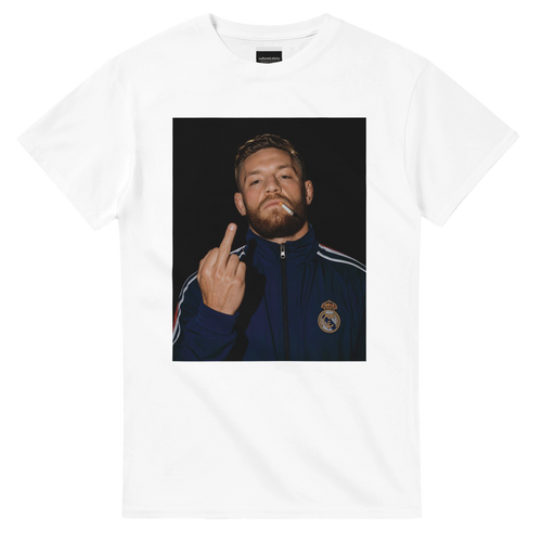 White T-shirt with centered Conor McGregor portrait graphic, short sleeves
