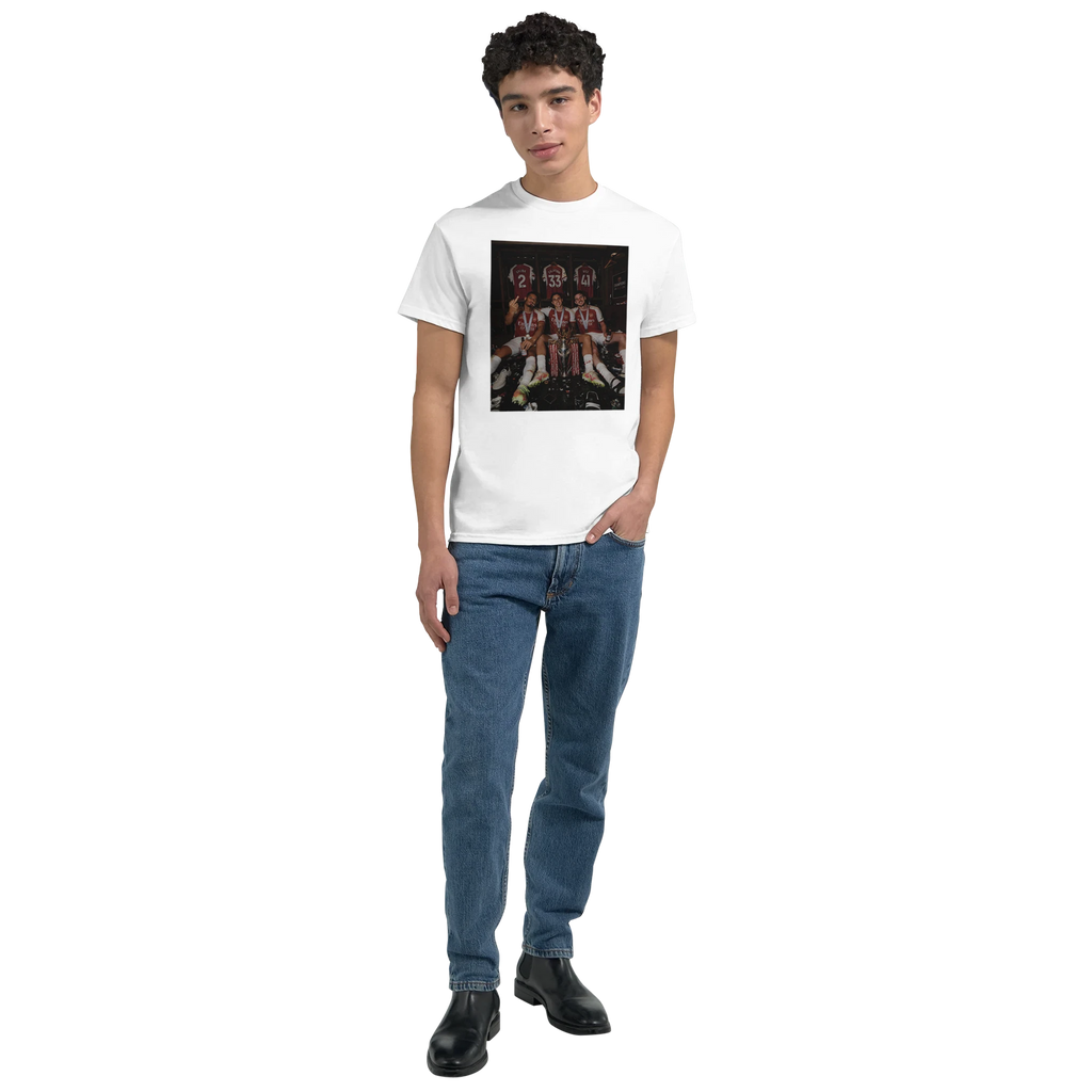 White graphic T-shirt with rectangular team photo print worn with blue jeans