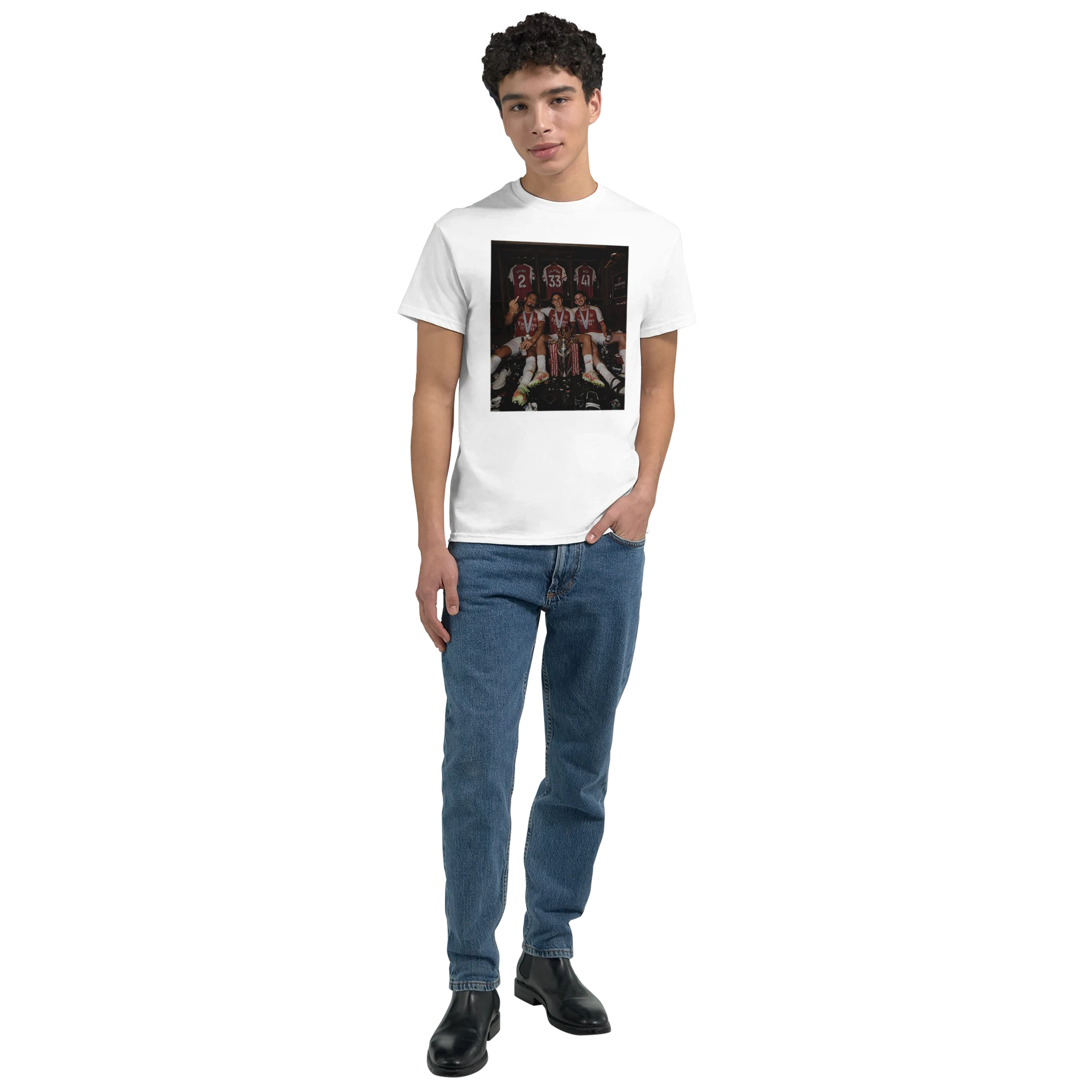 White graphic T-shirt with rectangular team photo print worn with blue jeans