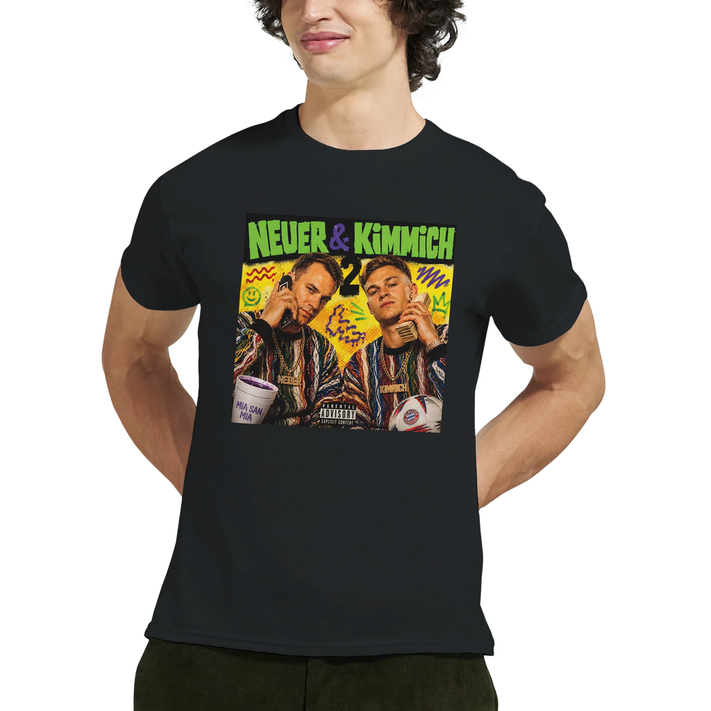 Black T-shirt worn by model, front NEUER & KIMMICH graphic