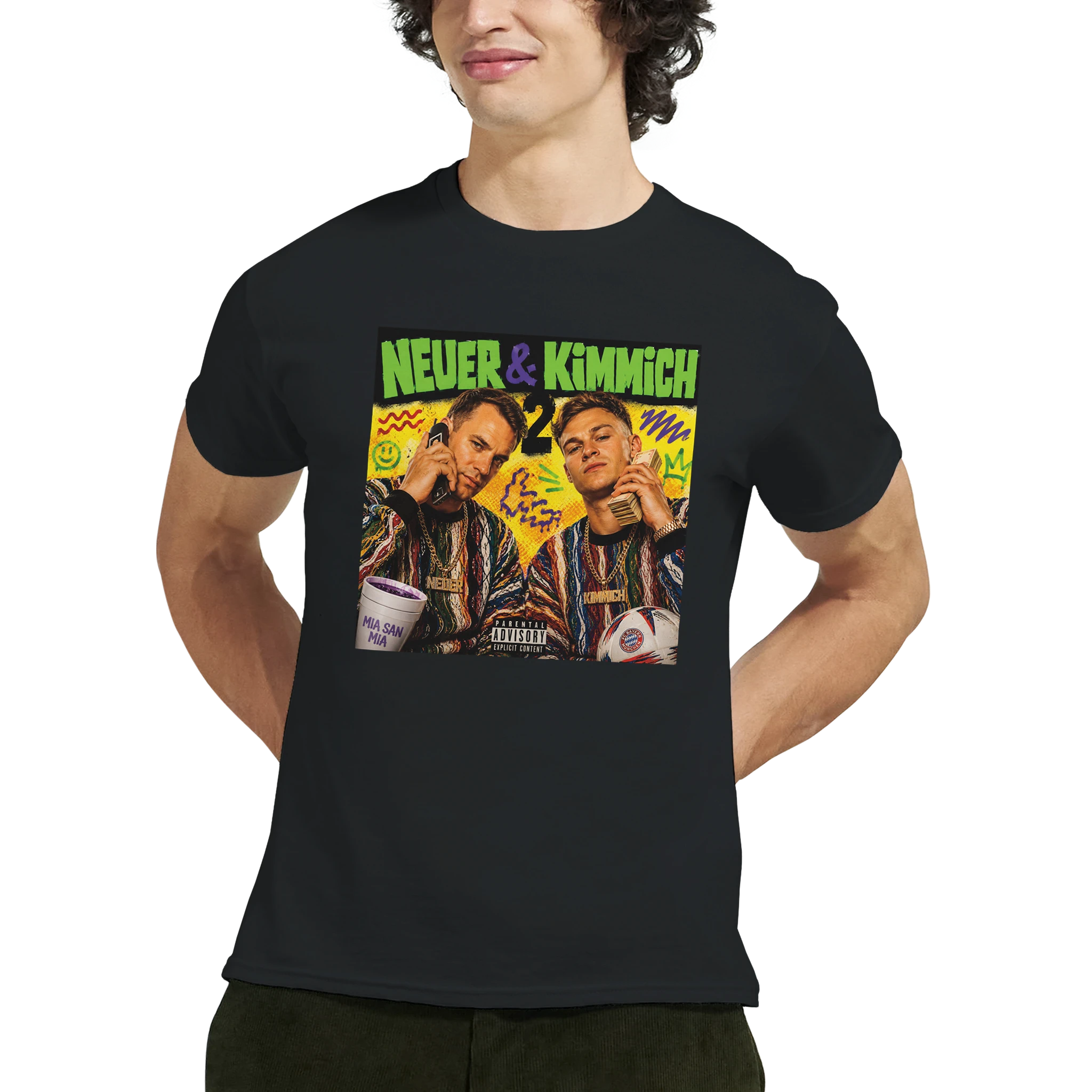 Black T-shirt worn by model, front NEUER & KIMMICH graphic