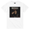 White crewneck T-shirt with front graphic print of Musiala face and text